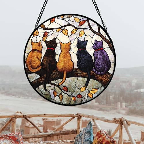 5 Cats on a Branch Stained Glass Window Hanging Suncatcher Gifts 15" - color: Black, size: 14.9x14.9 IN