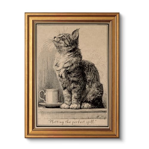 VIYYIEA Gold Small Framed Canvas Art, Vintage Cat Art Prints,12x16Inch, Retro Cat Lovers Decor for Home Bedroom Coffee Bar Office Shelf, Funny Animal Sketch Poster - color: Vintage Cat, size: 16"L x 12"W