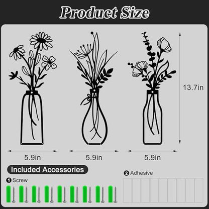Embewhis Wall Decor Metal Flowers 3pcs, Rustic Farmhouse Flower Sculptures, 13.7" Wall Art Decor, Drill-Free Install Option for Living Room, Kitchen, Bedroom & Bathroom - size: K