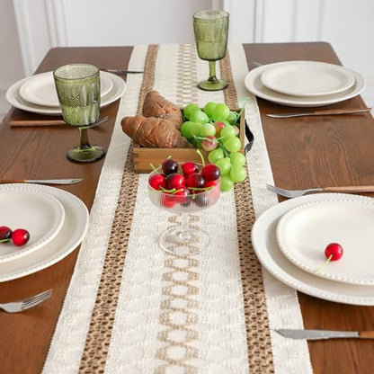 Simple&Opulence Boho Macrame Table Runner - 12 x 72 Inch, Splicing Burlap Farmhouse Cotton Table Runner with Fringed Edges for Bohemian Rustic Wedding, Bridal Shower, Dinner （Brown Pinstripe） - size: 12"x72", style: Brown Pinstripe