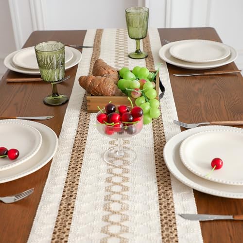 Simple&Opulence Boho Macrame Table Runner - 12 x 90 Inch, Splicing Burlap Farmhouse Cotton Table Runner with Fringed Edges for Bohemian Rustic Wedding, Bridal Shower, Dinner （Brown Pinstripe） - size: 12"x90", style: Brown Pinstripe