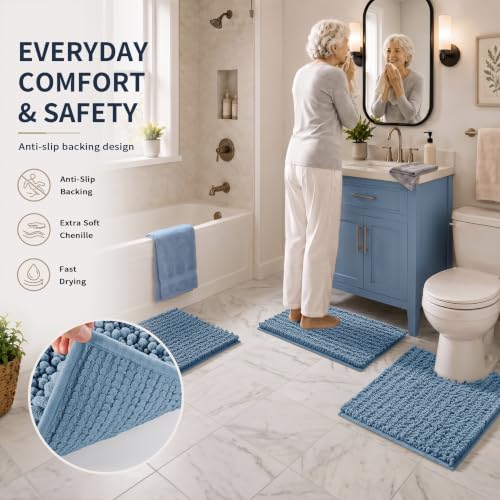 Yimobra Bathroom Rug Set 3 Piece, Super Absorbent Bath Mat Set, Denim Blue - color: Denim Blue, size: 24"x17" + 24"x20" + 30"x20"