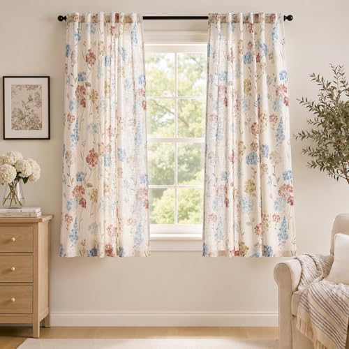 jinchan Floral Linen Curtains 63 Inch Vintage Cottagecore Back Tab 2 Panels - color: Vanya Terracotta Blue, size: 50"W x 63"L (Pack of 2)