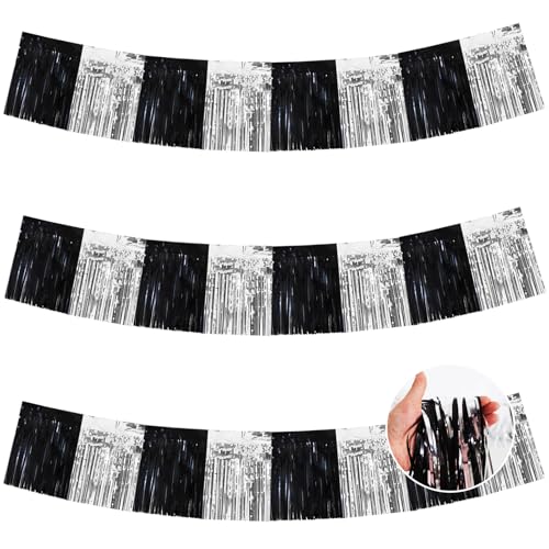 BEISHIDA Black Silver Fringe Garland Banner 30ft Wall Tinsel Foil Streamers - color: Black Silver