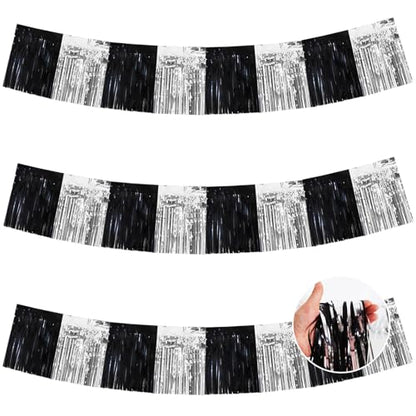 BEISHIDA Black Silver Fringe Garland Banner 30ft Wall Tinsel Foil Streamers - color: Black Silver