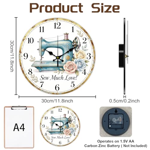 Sewing Machine Wall Clock Silent Non-Ticking 12" for Living Room Decor - color: Sewing Machine