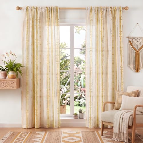 Yellow Boho Linen Curtains for Vintage Farmhouse, 84 Inches 2 Panels - color: Yellow, size: 52"W x 84"L (Pack of 2)