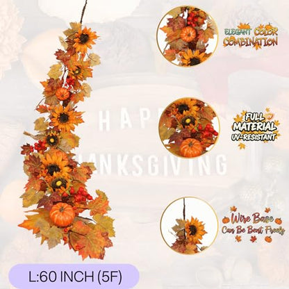 60 Inch Fall Garland (5 Ft) with Sunflowers and Pumpkins, Artificial Autumn Harvest Garland with Maple Leaves & Berries for Mantel Thanksgiving Home Decor Indoor Outdoor