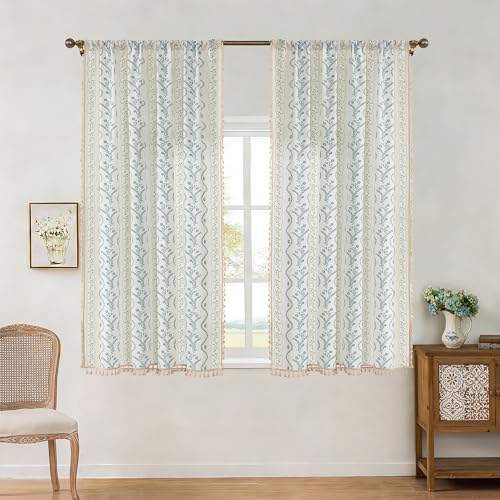 Light Blue Green Boho Floral Curtains 63 Inches Long 2 Panels - color: Blue Green, size: 55"W x 63"L (Pack of 2)