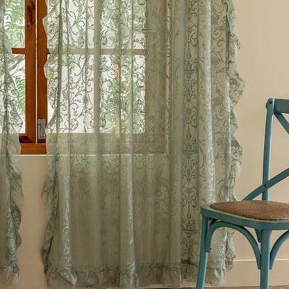 TUDECO Sage Green Lace Curtains, Ruffle Edges, 59 x 63 Inch, 2 Panels - color: Sage Green, size: 59"W x 63"L (Pack of 2)