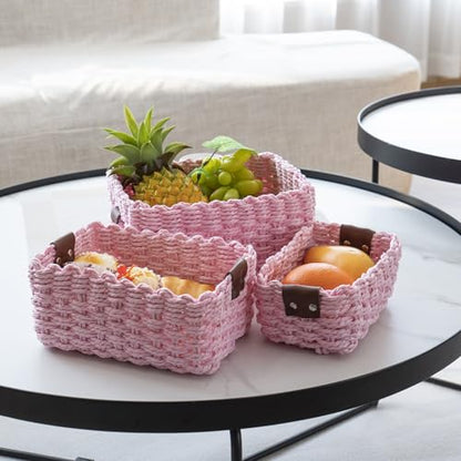 Woven Paper Rope Wicker Basket for Organizing(Set of 3,Pink) - color: Pink