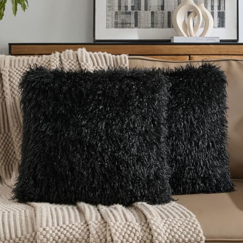 FUTEI Pack of 2 Faux Wool Throw Pillow Covers 18x18 Inch, Black - color: Black
