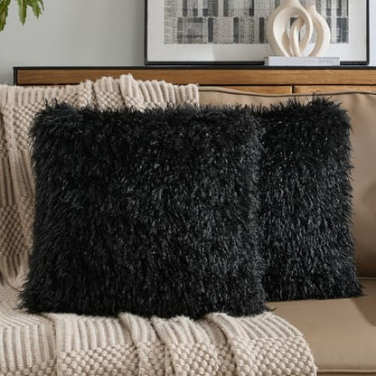 FUTEI Pack of 2 Faux Wool Throw Pillow Covers 18x18 Inch, Black - color: Black