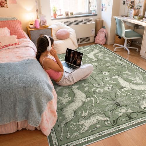 Lahome 5x7 Washable Area Rug for Living Room, Woodland Deer Boho Animal Rug, Vintage Botanical Green Non-Slip Low Pile Large Carpet for Bedroom Dining Room Nursery Farmhouse Decor - color: Green, size: 5' x 7' (Rectangular)