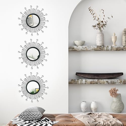 3 Pack Metal Mirror for Wall Sunburst Wall Mirror Black Crystal Home Accent - color: Black Crystal