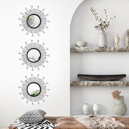 3 Pack Metal Mirror for Wall Sunburst Wall Mirror Black Crystal Home Accent - color: Black Crystal