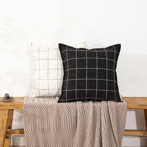 Pure Linen Plaid Throw Pillow Covers 16x16, Set of 2, Black - color: Black, size: 16x16inch