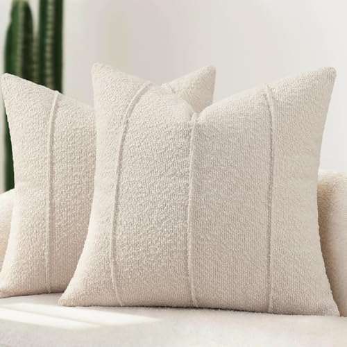 YCOLL Textured Boucle Throw Pillow Covers 24x24 Pack of 2 - Soft Neutral Striped Cushion Covers, Cozy Accent Decorative Pillow Covers for Couch, Sofa, Bed, Living Room (Beige) - color: Beige, size: 24" x 24" (Pack of 2)
