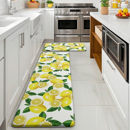 MAYHMYO Lemon Kitchen Decor Mat Set, 2PC Kitchen Mats, Anti Fatigue - color: White Lemon