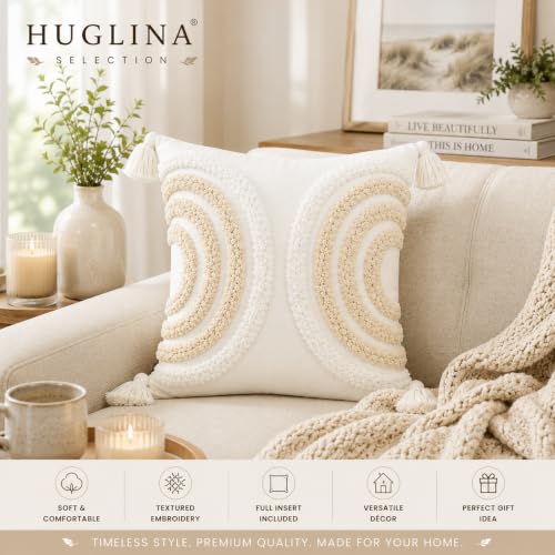 Ivory White Embroidered Throw Pillow with Insert Included, 18x18 Decorative Pillow, Soft Polyester Fabric, Textured Tufted Embroidery, Corner Tassels, Modern Farmhouse Boho Accent Pillow