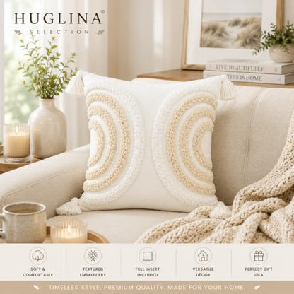 Ivory White Embroidered Throw Pillow with Insert Included, 18x18 Decorative Pillow, Soft Polyester Fabric, Textured Tufted Embroidery, Corner Tassels, Modern Farmhouse Boho Accent Pillow