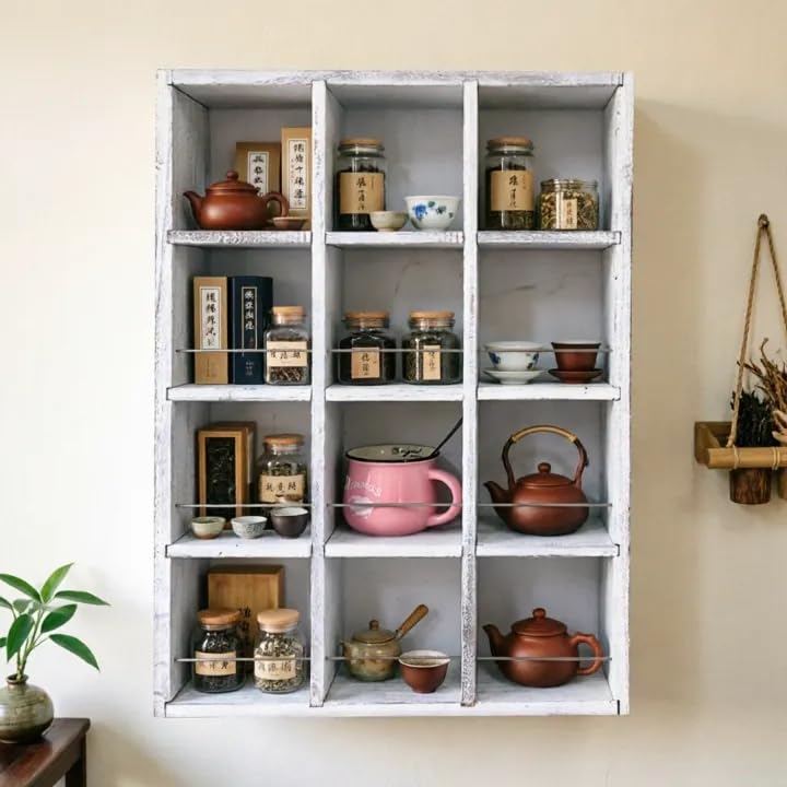 12 Grid coffee mug display shelf,17x25" Wooden cup shelf for wall, White - color: Old White
