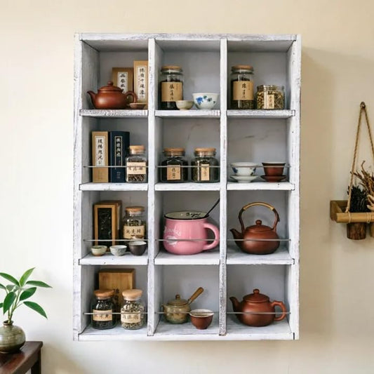 12 Grid coffee mug display shelf,17x25" Wooden cup shelf for wall, White - color: Old White