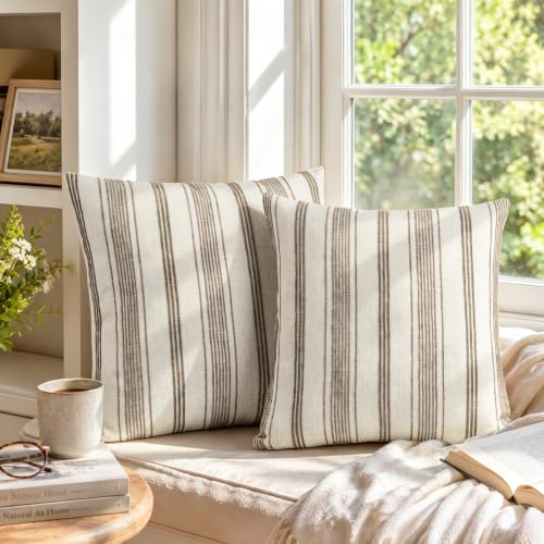 AELS 20x20 Decorative Farmhouse Linen Blend Throw Pillow Covers, Beige with Dark Brown Chenille Striped Pillow Case, Set of 2, Boho Textured Cushion Cover for Sofa Couch Living Room (Cover ONLY) - color: Dark Brown, size: 20" x 20" (Pack of 2)