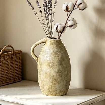 Rustic Ceramic Vase with Handle, 10.3 Inch, Handmade Decor, Beige - color: Beige