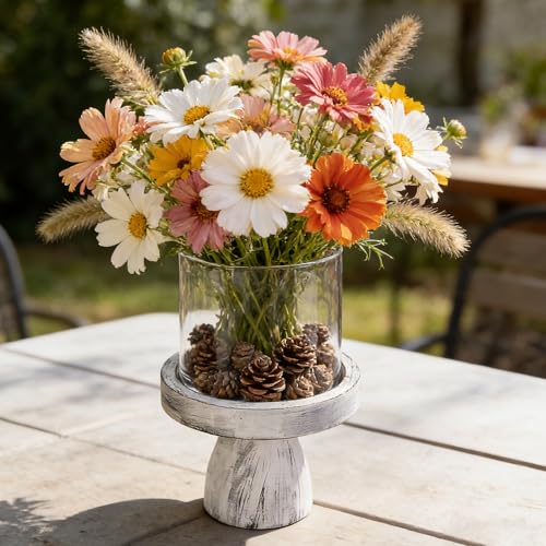 7" Wide Farmhouse Glass Hurricane Candle Holder & Glass Vase with Distressed White Sturdy Solid Wooden Base for Pillar & Flower Arrangement, Terrarium, Centerpiece, Console Table, Dining Table, Mantel - color: Rustic White, size: 7"x10"