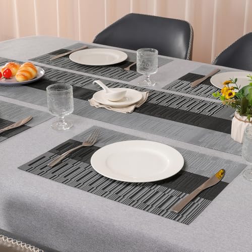 Placemats Set of 6, Vinyl Woven Heat-Resistant Place Mats - color: Gray Black, size: Set of 6