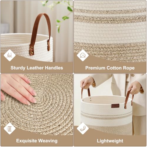 VIPOSCO 58L Tall Woven Rope Laundry Hamper, Leather Handles, Brown & White - color: Brown & White, size: 58L