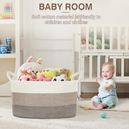 YOUDENOVA Large Blanket Basket, Rectangle Cotton Rope Storage Baske - color: White+Light Brown+Dark Brown