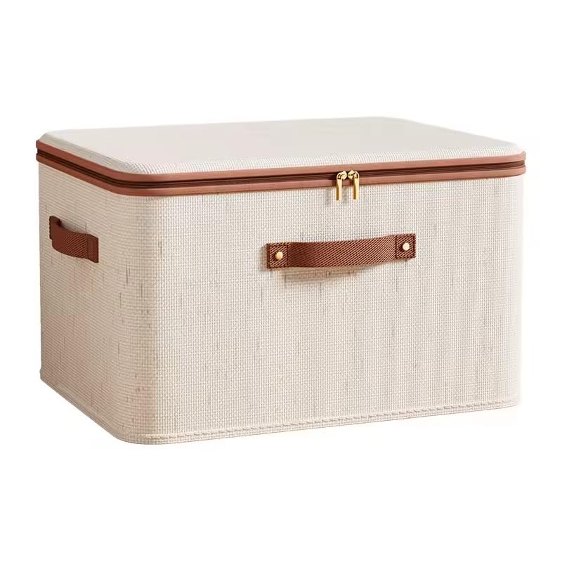 Storage Box with Lid & Zipper – 56L Large Cotton Linen Organizer Bin, Hardboard Structure, Gold Two-Way Zipper, Leather Handle, Foldable Closet Box for Clothes Blankets Toys, Beige