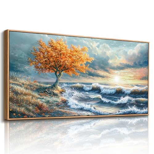 imjiayu Large Ocean Wall Art, Coastal Canvas Painting with Tree and Waves - color: Seaside Tree, size: 48"L x 24"W