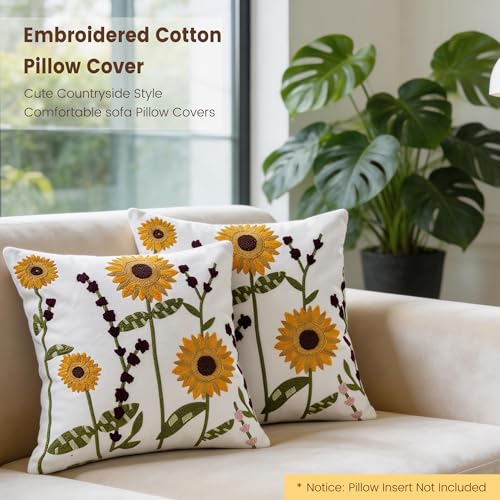 Embroidered Cotton Pillow Covers -18x18 inch Cute Countryside Style Comfortable Sofa Decorative Pillow Covers, Suitable for Living Room Sofa Bed, Flower Style (2 pcs Sunflower) - color: 2 Pcs Sunflower