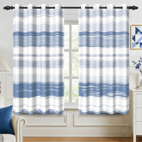 Blue White Abstract Stripe Blackout Curtains, Light Blue Watercolor Striped Room Darkening Grommet Drapes, Thermal Insulated Coastal Curtains for Bedroom Living Room, 52" W x 63" L 2 Panels - color: 06 Light Blue - Striped, size: 52"W x 63"L (Pack of 2)