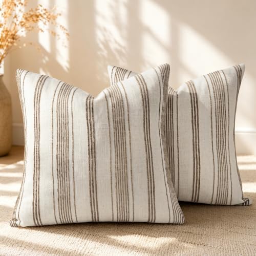 AELS 18x18 Decorative Farmhouse Linen Blend Throw Pillow Covers, Beige with Dark Brown Chenille Striped Pillow Case, Set of 2, Boho Textured Cushion Cover for Sofa Couch Living Room (Cover ONLY) - color: Dark Brown, size: 18" x 18" (Pack of 2)