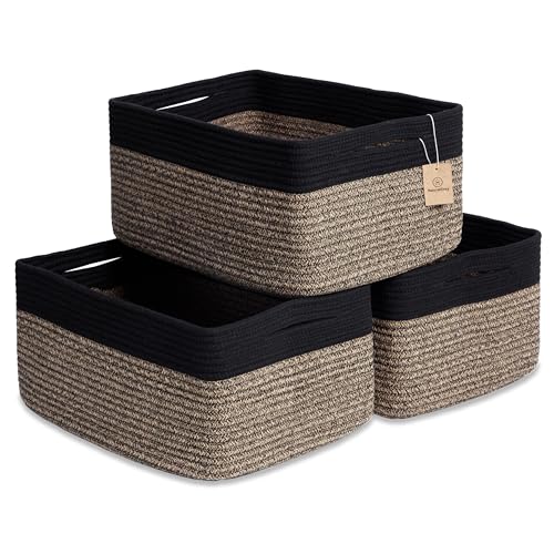 NaturalCozy Storage Baskets 16.8”x13”x7.6” Cotton Rope Woven Baskets for Organizing 3-Pack | Toy Storage Bins | Basket for Shelves, Laundry, Blanket, Clothes, Closet, Kitchen, Bathroom, Gifts - color: Black & Mixed Black
