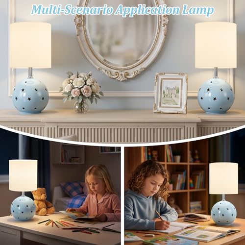 Small Table Lamp, 14" Blue Ceramic Bedside Lamp for Girls Kids Bedroom,Dorm - color: Blue