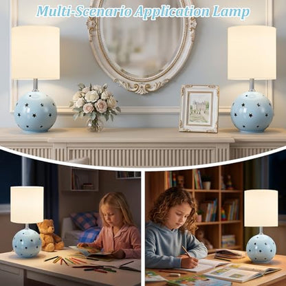 Small Table Lamp, 14" Blue Ceramic Bedside Lamp for Girls Kids Bedroom,Dorm - color: Blue