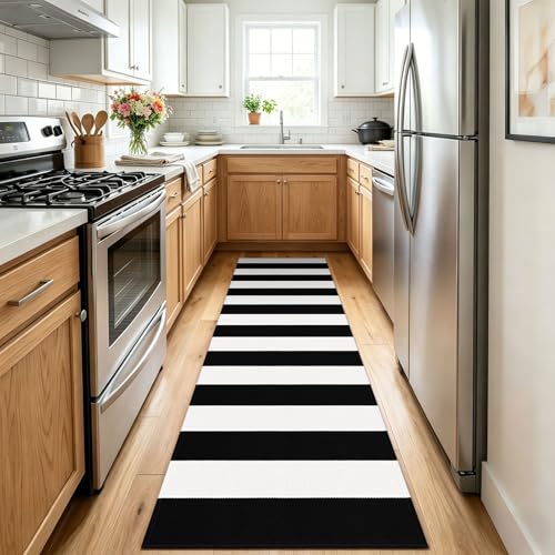 KOZYFLY Black White Striped Runner Rug 2x6 ft Woven Washable Hallway Runner - color: Black and White, size: 2' x 6' (Runner)