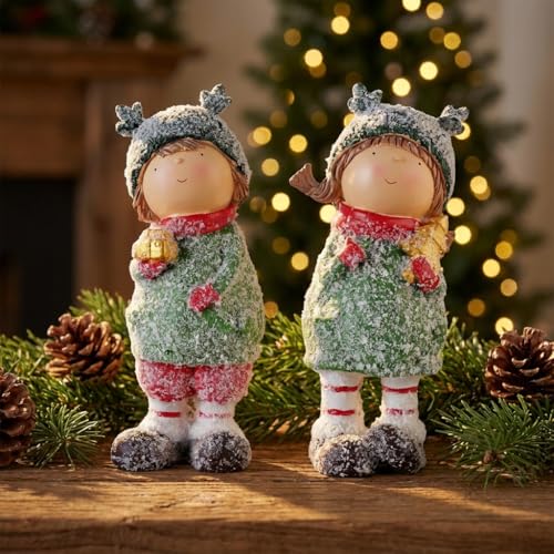 Charming Winter Figurines Set of 2 Christmas Boy and Girl Statues