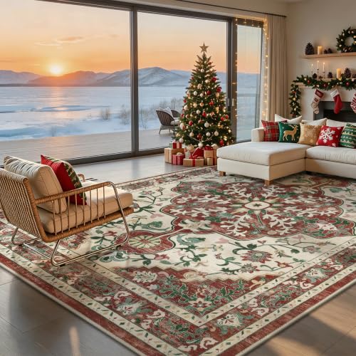U'Artlines Red Christmas Area Rug 9x12 Boho Washable Soft Holiday Carpet - color: Christmas Red, size: 9' x 12' (Rectangular)