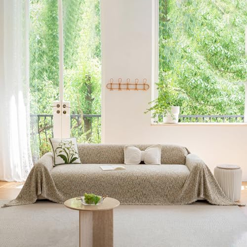 STACYPIK Thick Jacquard Couch Cover for Dogs Bohemian Chenille Woven Sofa Cover for 3 Cushion Couch Farmhouse Aesthetics Beige Couch Slipcover Blanket for Sectional Tassel Furniture Protector-71X150IN - color: B5 # Jacquard Chenille-beige, size: XX-Large