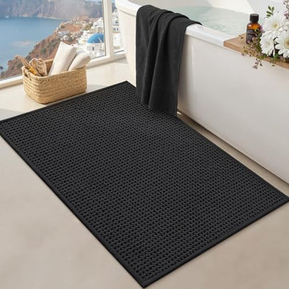 Color&Geometry Black 30x17 Waffle Bath Mat, Rubber Non Slip Bathroom Rug - color: Black, size: 17"x30"