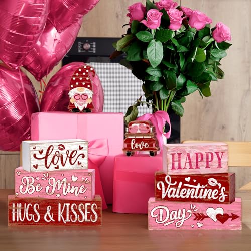Britimes Tray Block Signs Set, 8Pack, Wooden, Home Kitchen, Valentines Day - style: Pink Gnome Valentine's Day