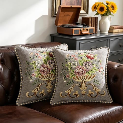 2 Pcs Gray Chenille Vintage Embroidered Throw Pillow Covers 18x18in,Grey Tassel Vintage Pattern Pillow Covers, Floral Embroidered Cushions Covers for Sofa Couch Bed Chairs Car - color: Grey