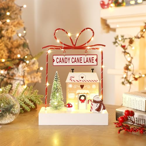 Christmas Tabletop Decoration, Wooden Lighted Decorations, Battery Operated Christmas Indoor Table Decorations (Candy Cane Lane & Giftbox) - style: Candy Cane Lane & Gift Box