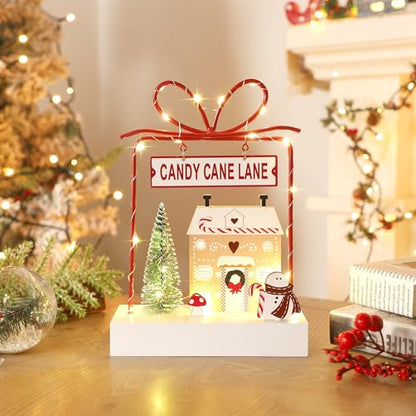 Christmas Tabletop Decoration, Wooden Lighted Decorations, Battery Operated Christmas Indoor Table Decorations (Candy Cane Lane & Giftbox) - style: Candy Cane Lane & Gift Box